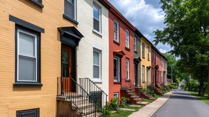 Fototapeta premium Mindfulness and meditation method, A vibrant row of colorful townhouses along a tree-lined street, showcasing diverse architectural styles and a sunny day.