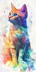 A cat is sitting in a colorful painting with a blue eye. The painting is abstract and has a vibrant, energetic feel to it