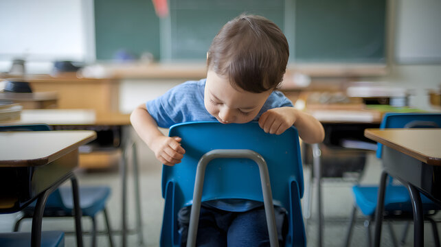 Child displaying restless behavior in a classroom, fidgeting with hands and feet, unable to focus on the lesson. The scene captures the challenges of maintaining attention and discipline in a learning