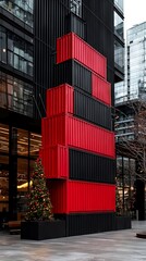 Fototapeta premium A red and black building with a christmas tree in front of it