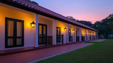Mindfulness and meditation method, A serene view of a row of illuminated guest rooms at dusk, showcasing charming architecture and a peaceful outdoor setting.