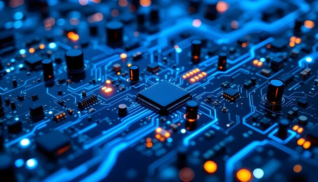High-tech circuit board background, abstract digital technology presentations, electronic components, digital infrastructure, blue tech theme, modern electronics evolution expansion background image