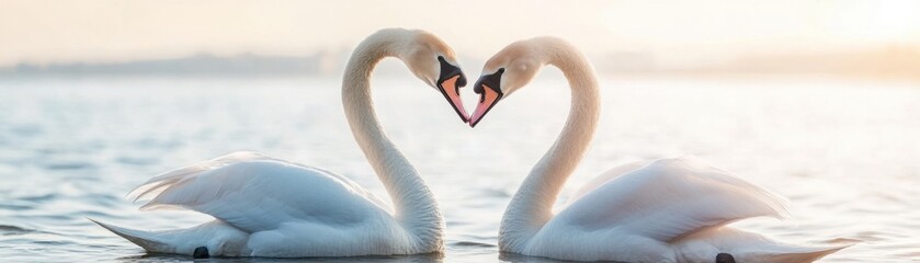 Fototapeta premium Romantic Swans Forming a Heart Shape During Sunrise on a Calm Lake, Capturing the Essence of Love, Beauty, and Nature in a Tranquil Setting