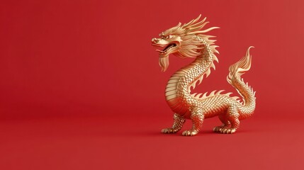 Obraz premium Golden Dragon Sculpture on Red Background Symbolizing Power, Strength, and Wisdom in Eastern Mythology with Intricate Details and Regal Appearance