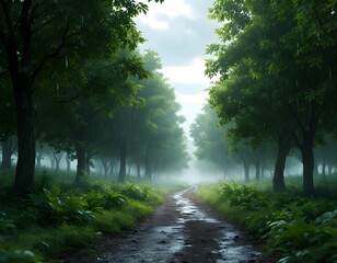 Obraz premium Rainy Forest Path: A Serene, Misty Digital Painting
