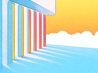 Obraz premium Vibrant Digital Illustration: Geometric Columns Casting Long Shadows at Sunset. AI Generated