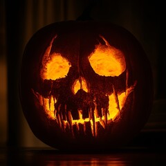 Fototapeta premium A hauntingly carved pumpkin with a glowing face illuminates the darkness, creating a spooky atmosphere perfect for Halloween celebrations and autumn festivities.