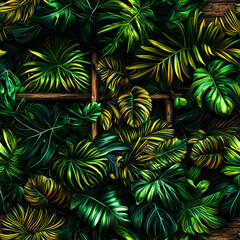 Lush Tropical Leaves: A Vibrant Jungle Paradise.  Exotic Golden and Green Foliage, Nature's Rich Texture. Perfect for Wallpaper, Decor, and Design.