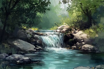 Painting of a river with a waterfall. The painting is in shades of green and blue, and the water appears to be calm