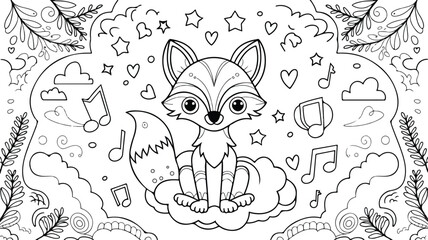 A whimsical coloring book page with a playful fox vector illustration design. Coloring book design vector.