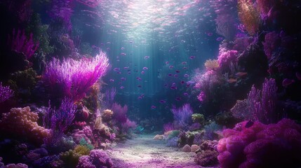 Naklejka premium A tranquil coral reef glowing softly under the twilight ocean. Schools of bioluminescent fish dart gracefully through the vibrant coral, their luminous forms creating mesmerizing trails of light. 