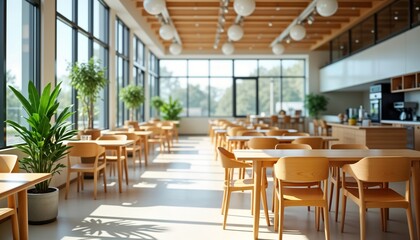 Empty modern dining area in canteen. Wooden tables, chairs. Large windows offer views of surrounding area. Natural light fills space. Comfortable, stylish design. Ideal for lunch dinner. Perfect for
