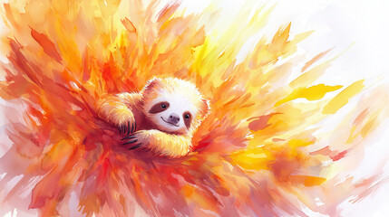 Fototapeta premium Sloth lounging in vibrant sunburst of orange and yellow hues, exuding playful charm and warmth