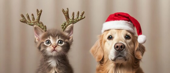 Cute Kitten   Dog in Festive Christmas Attire