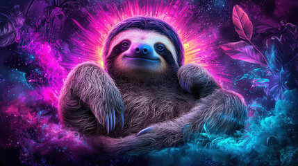 Naklejka premium sloth relaxing in vibrant sunburst, surrounded by colorful abstract elements, exuding peaceful vibe