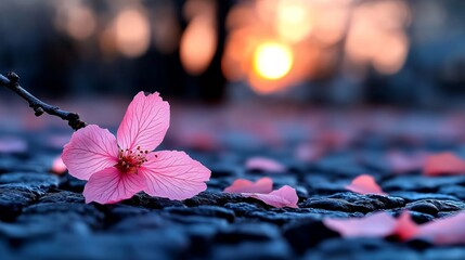 A single pink flower on a tree branch in the middle of a field