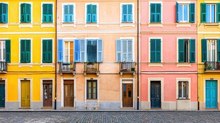Fototapeta premium Mindfulness and meditation method, A vibrant street scene featuring colorful buildings with shutters, showcasing architectural charm.