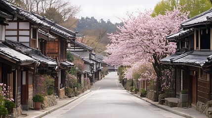 Spring blossoms line a quiet Japanese street, traditional houses flank the road, hills in the background; ideal for travel brochures.