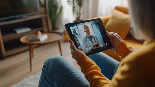 Virtual Doctor Visit - Patient Engaging in Telemedicine on Tablet at Cozy Home Setting