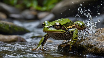 Obraz premium Eungella Torrent Frog Leaping Across a Stream in Action