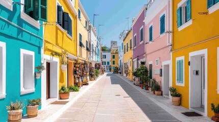 Fototapeta premium Mindfulness and meditation method, A vibrant street scene featuring colorful buildings in shades of yellow, blue, and pink, with a clear sky and potted plants lining the walkway.