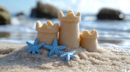 Three miniature sandcastles and starfish on a beach.