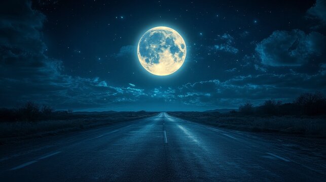 Full moon over a dark, empty road at night.