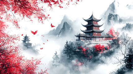 Obraz premium Serene Pagoda on Misty Mountain: A Watercolor Painting of Tranquil Asian Landscape