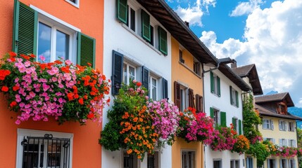 Fototapeta premium Mindfulness and meditation method, Charming houses adorned with vibrant flower boxes, set against a blue sky, showcasing an inviting and picturesque street scene.