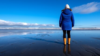 Woman in blue coat stands on a tranquil beach, gazing at the ocean under a vibrant blue sky.