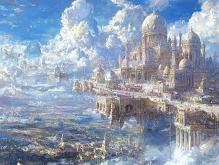 Fototapeta premium A celestial marketplace floating above a sea of luminous clouds. Radiant stalls display shimmering artifacts, and golden bridges of light connect the bustling platforms suspended in the glowing 