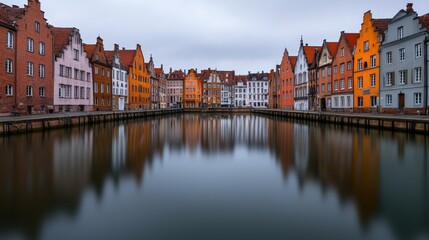 Obraz premium Mindfulness and meditation method, A picturesque waterfront lined with colorful historic buildings reflecting in calm waters, under a cloudy sky.