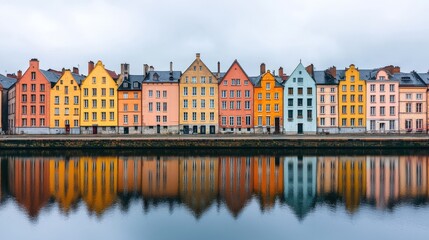 Obraz premium Mindfulness and meditation method, A picturesque row of colorful buildings reflects in a calm waterway, showcasing vibrant architecture on a cloudy day.