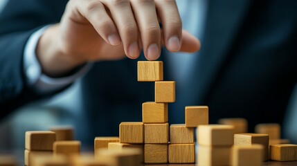 Close-up of hand building a wooden block tower.