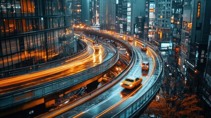 A vibrant cityscape with illuminated roads and traffic at night.