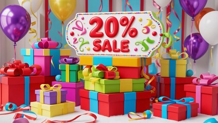 Whimsical 3D Scene with Giant Gift Boxes and Festive Sale Tag Display