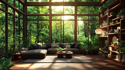 Fototapeta premium Eco-Conscious Lifestyle 3D Depiction in a Serene Modern Living Space