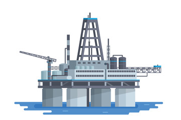 Offshore Oil Rig Illustration with Chimneys and Structures on water. Editable Vector Element on White Background