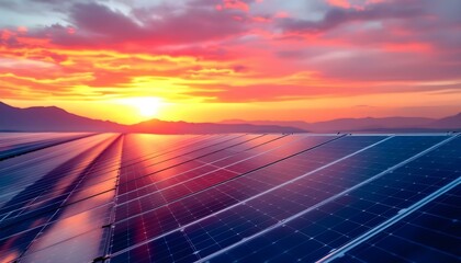 Solar panel at sunset. Array of solar panels with blue sky and sunlight reflection. Solar field intense detail. Aerial photovoltaic power generation energy. A stunning sunset view through glass panels