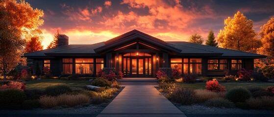 Fototapeta premium Warm Autumn Sunset Over a Modern Family Home Surrounded by Nature