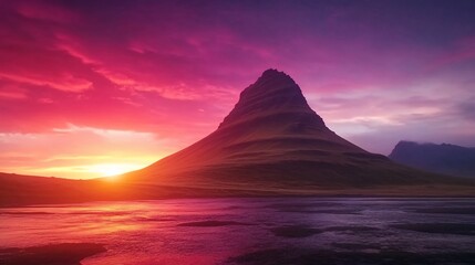 Dramatic sunset over a majestic mountain peak reflected in still water.