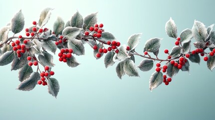 A branch of holly with red berries and frost on the leaves against a blue background.