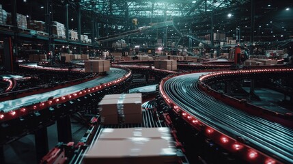 Obraz premium Automated Warehouse Conveyor System Fast Package Sorting Delivery