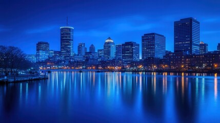 Obraz premium Blue Twilight City Skyline with Water Reflections