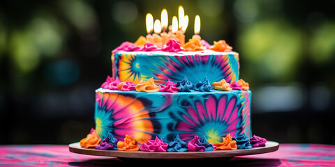 A two-tiered tie-dye cake with colorful frosting swirls and lit candles sits on a wooden stand.





