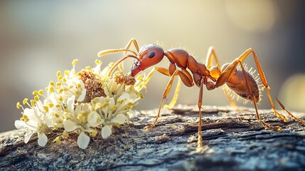 Fototapeta premium Intricate Macro Shot of Ant Carrying Food Back to Nest in Nature