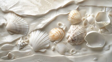 Detailed Macro Shot of White Seashells Scattered on Sandy Beach Surface