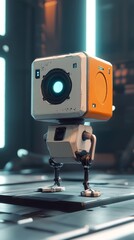 Robot with a white and orange body stands on a grey surface. The robot has a blue light on its head