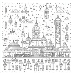 Obraz premium Whimsical Town: Line Art of a Charming Cafe and Cityscape