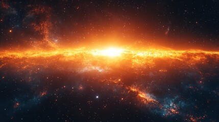 A vibrant cosmic scene depicting a glowing galaxy with swirling nebulae and stars.